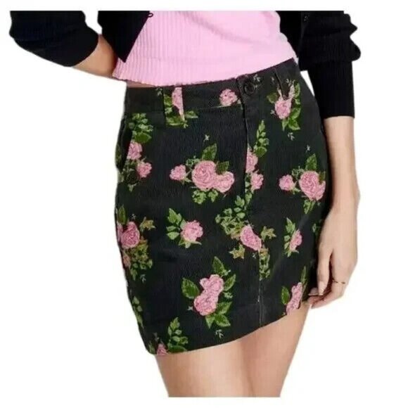Wild Fable Corduroy Black Pink Rose Floral Cotton Mini Skirt - Picture 1 of 4
